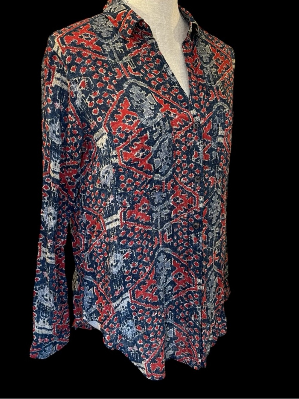 Anthropologie Red Navy Cream Button-Down Blouse